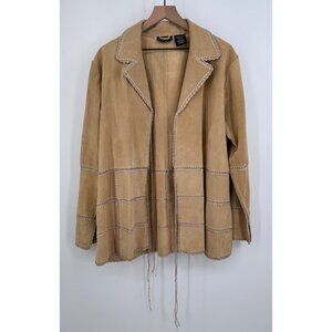 Vintage Outbrook 100% Leather Jacket Women 1X Tan Tie Front Crochet Trim